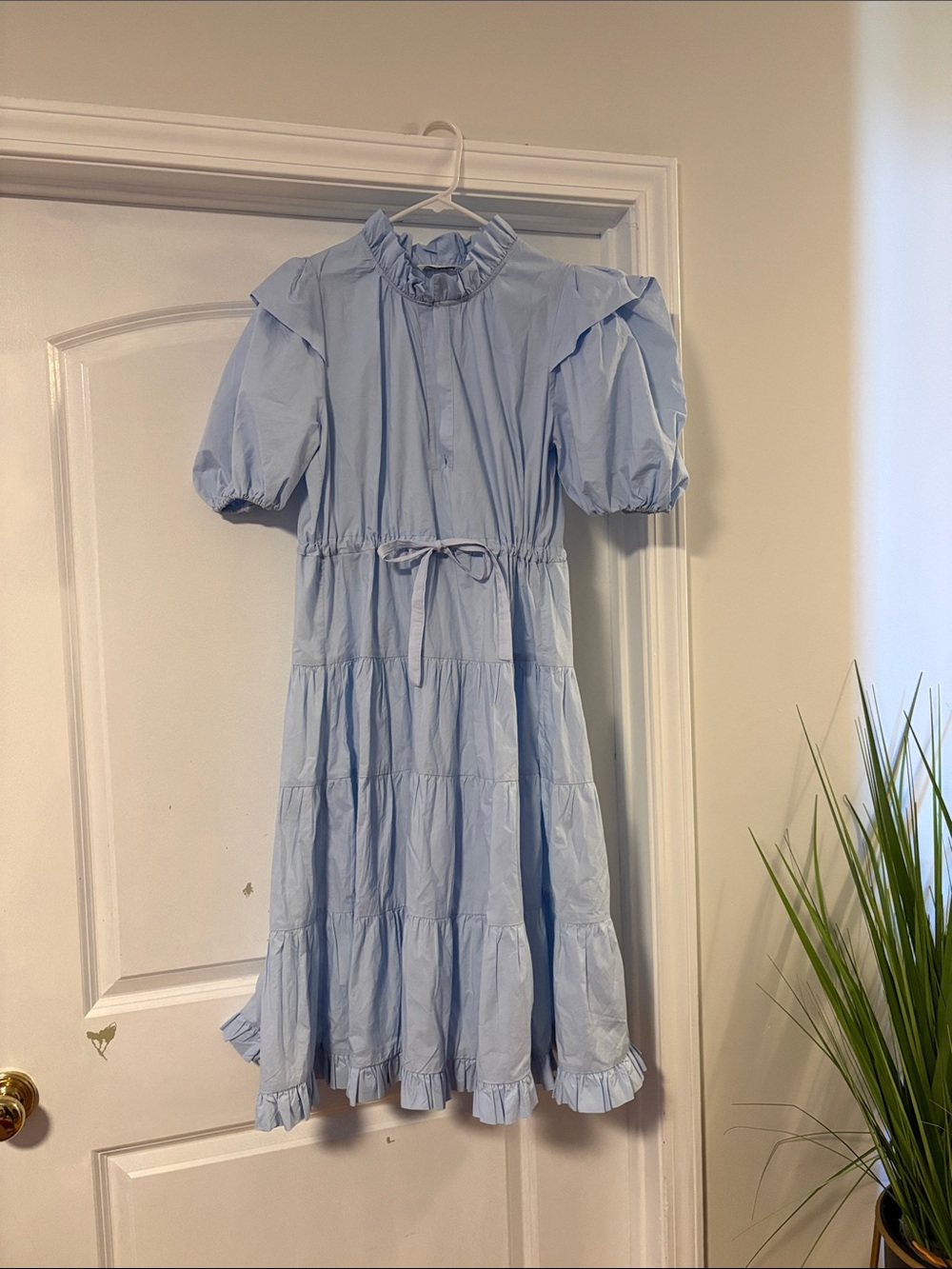 Meimeij Size Light Blue Cotton Short Puff Sleeve Tiered Dress